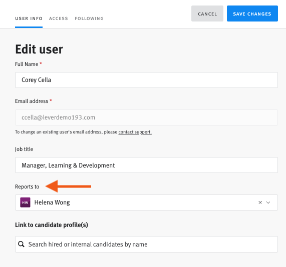 Lever user settings in user info tab with arrow pointing to reports to field.