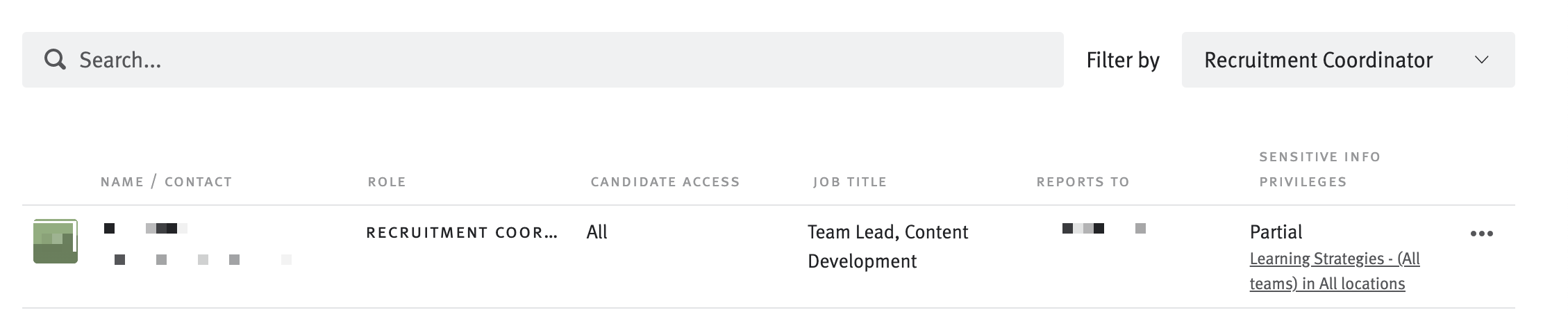 User list filtered for users with Recruitment Coordinator custom role