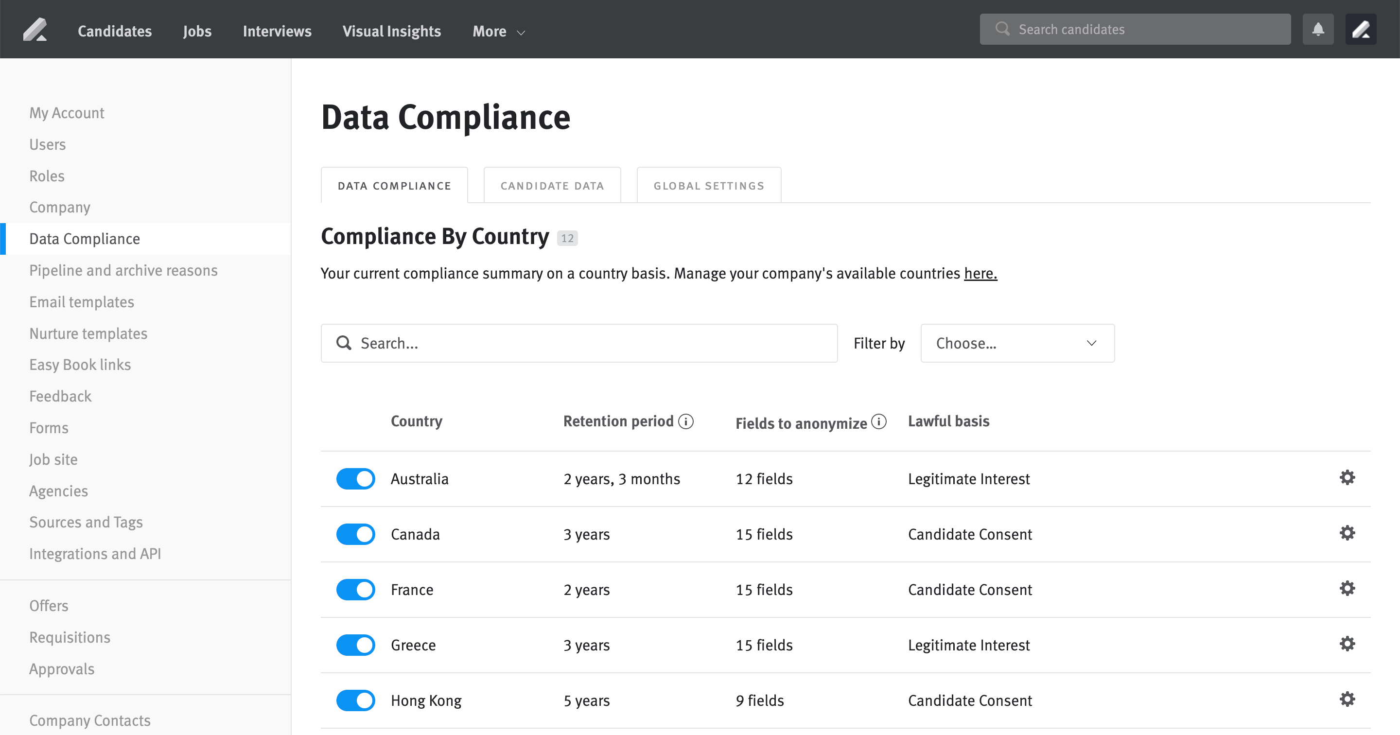 Data Compliance page in Lever Settings