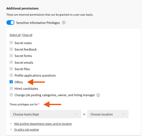 Lever candidates postings and requisitions settings with arrows pointing to Approve postings on behalf of other users, create and edit postings, and manage profiles and view associated postings.