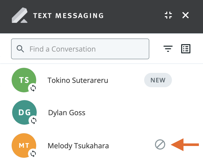 Text messaging widget showing conversation list with arrow pointing to warning icon next to canddiate's name
