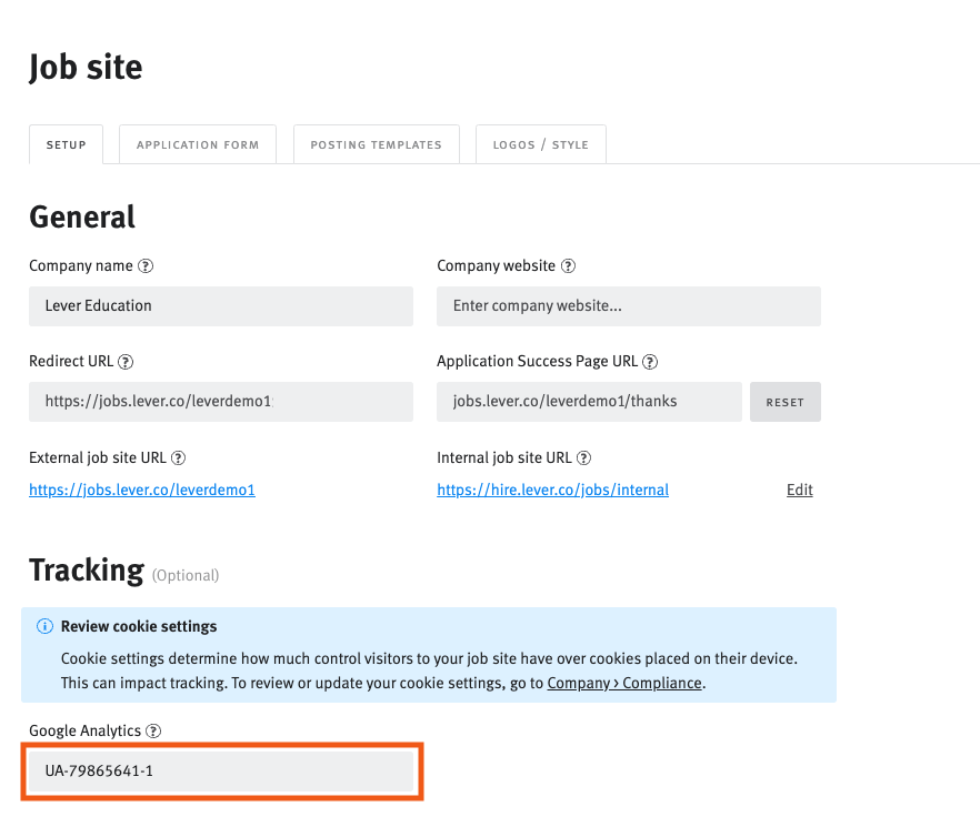 Job site settings page with Google ID tracking field outlined