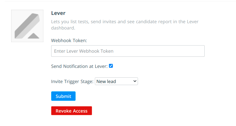 Integration configuration fields in HackerEarth with field for Lever webhook token