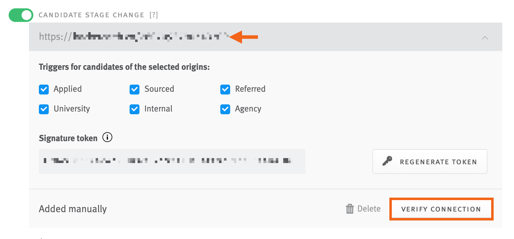 Candidate Stage Change webhook tile in Lever with arrow pointing to URL field and verify connection button outlined