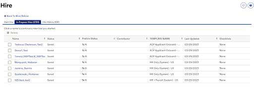 In-Progess Hires list in ADP Workforce Now in which the onboarding record associated with the candidate opportunity shown in the previous image is highlighted.