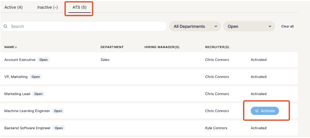 Jobs ATS page in candidate.fyi with Activate button outlined next to job listing