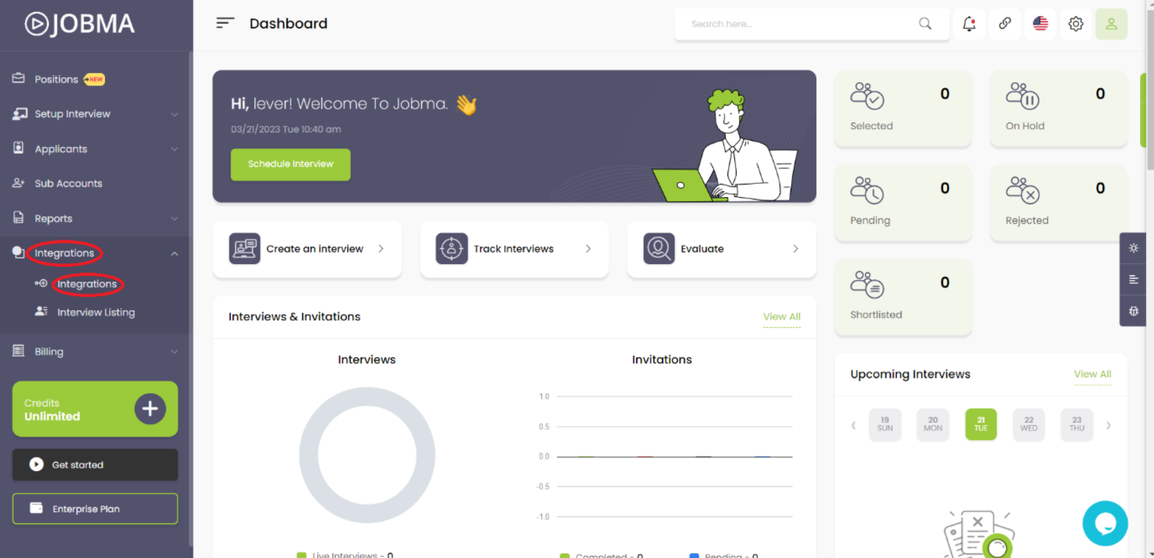 Integrations page in Jobma; Integrations > Integrations outlined in navigation column