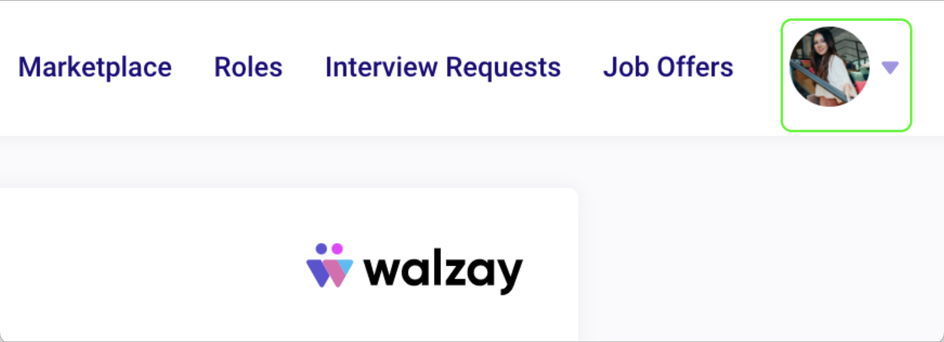 Account avatar outlined in Walzay platform header