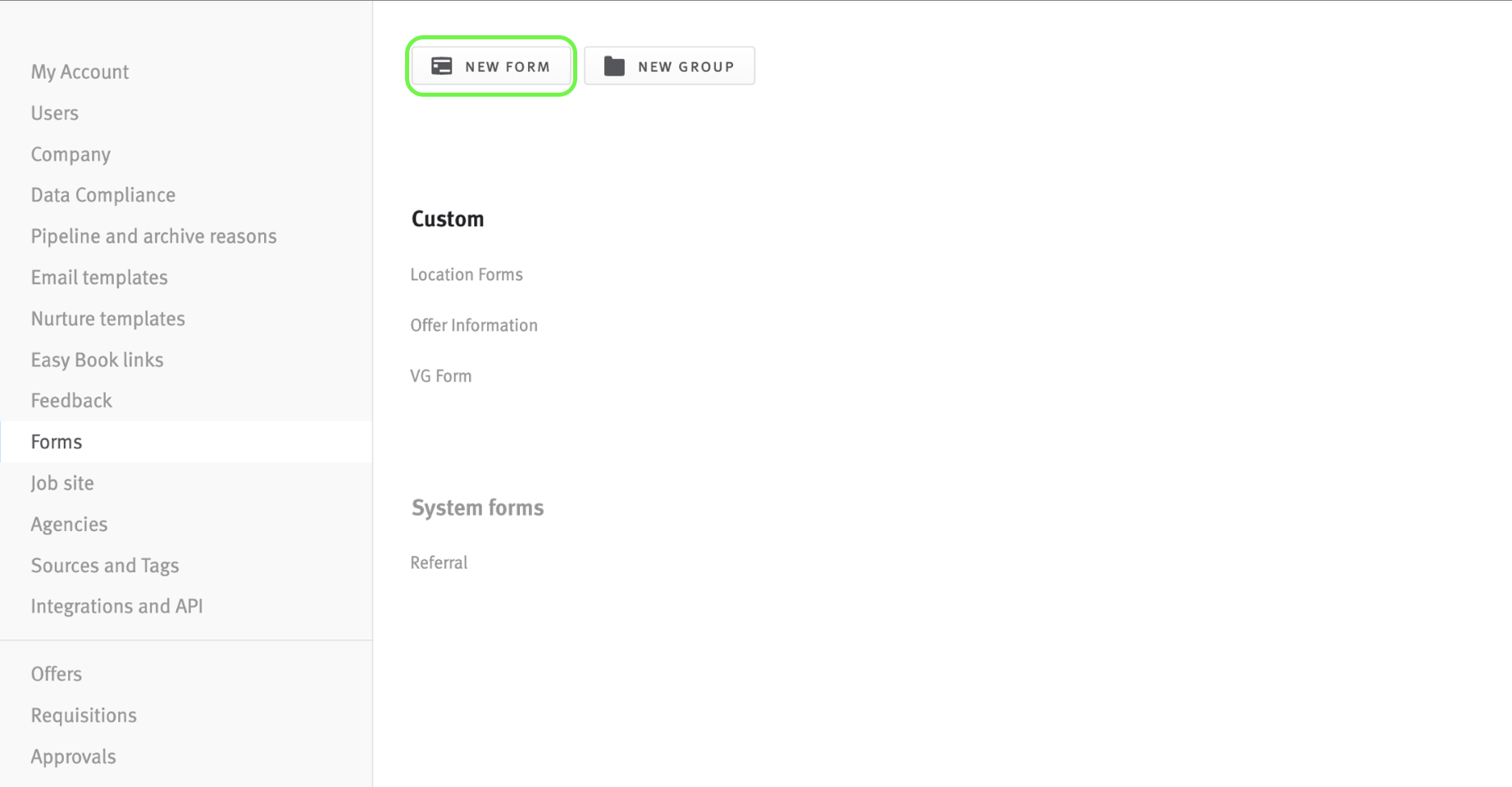 New Form button outlined on Form Settings page in Lever