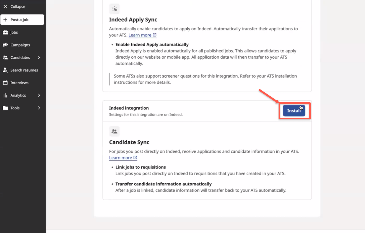 Install button outlined on Candidate Sync tile on integration detail page in Indeed