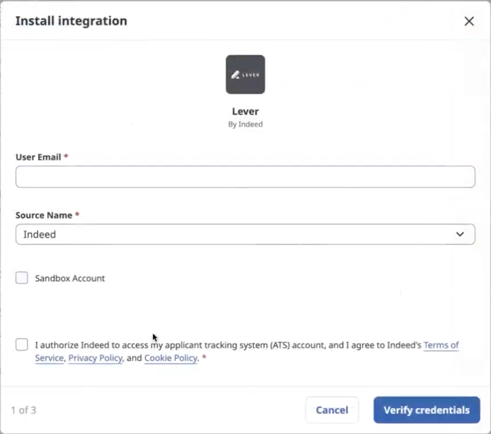 Install integration modal with fields for user email and source name