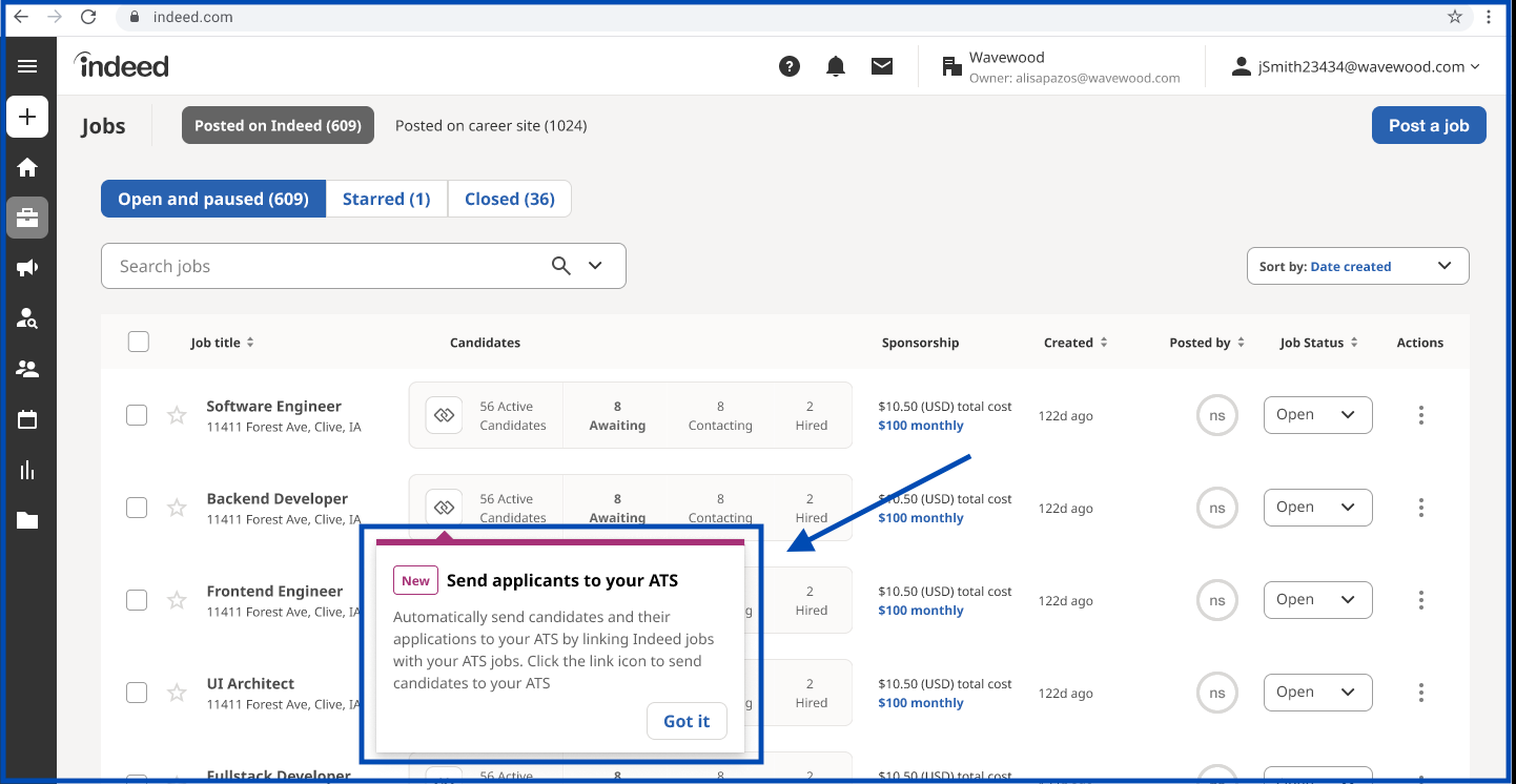 Jobs dashboard in Indeed with arrow pointing to pop over extending from job listing that reads Send applicants to your ATS.