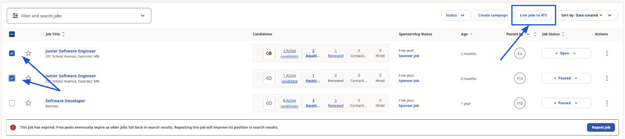 Checkboxes selected next to multiple job listings on Indeed jobs dashboard; arrows point to checkboxes and Link to your ATS button at the top of the dashboard.