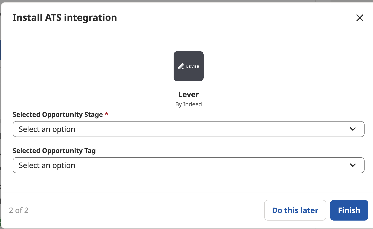 Install Integration modal with dropdown fields for opportunity stage and opportunity tag