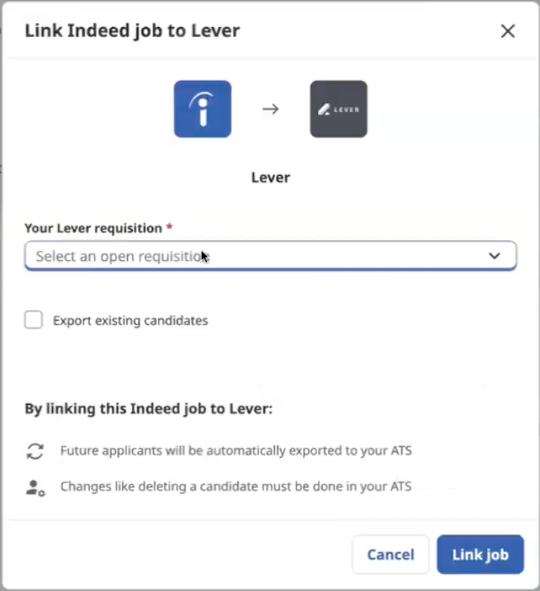 Link Indeed job to Lever modal with cursor over Lever requisition dropdown menu.
