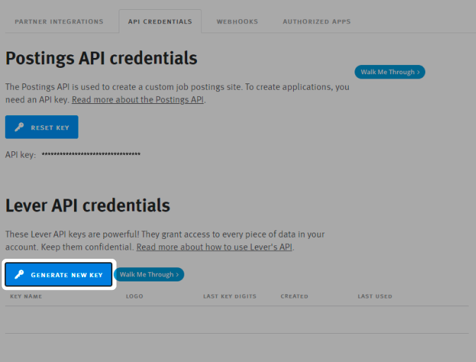 Generate New Key button highlighted on API credentials page in Lever settings