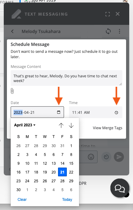 Text messaging widget with arrows pointing to calender and clock icons