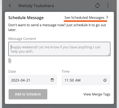 Text messaging scheduled messages window with see scheduled messages link underlined