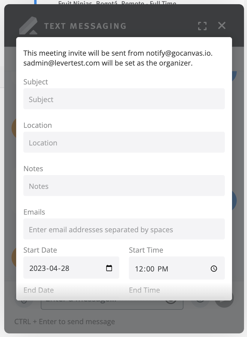 Text messaging meeting invite editor