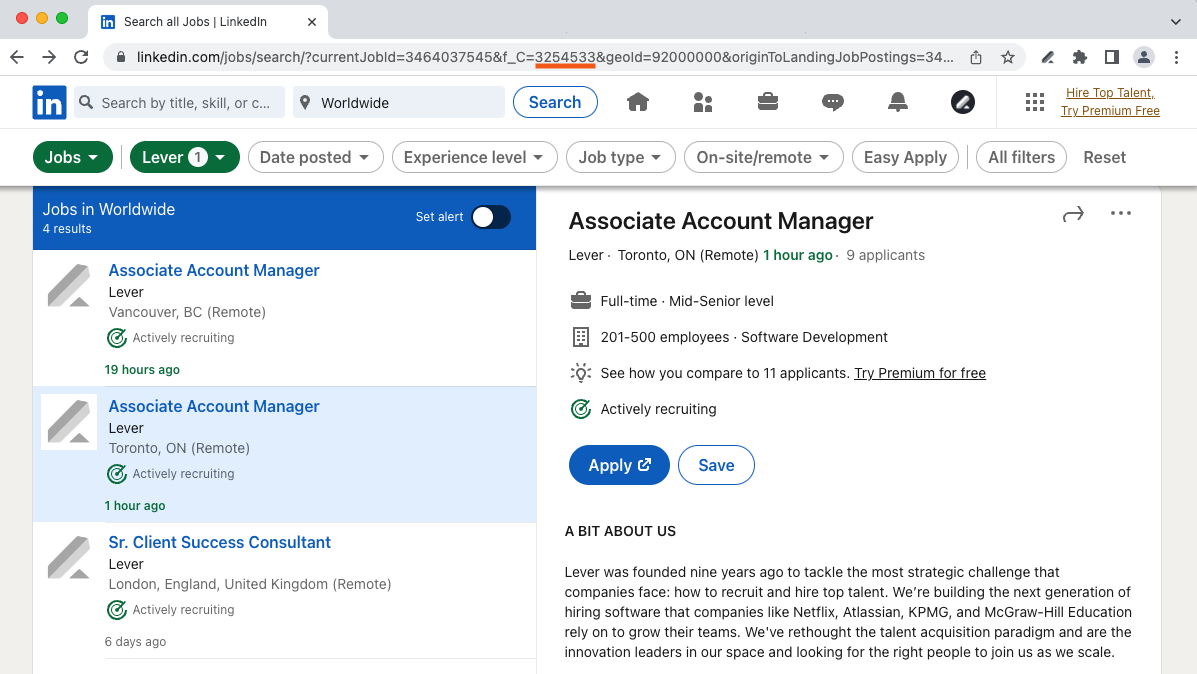Company ID underlined in URL bar of company's LinkedIn jobs page