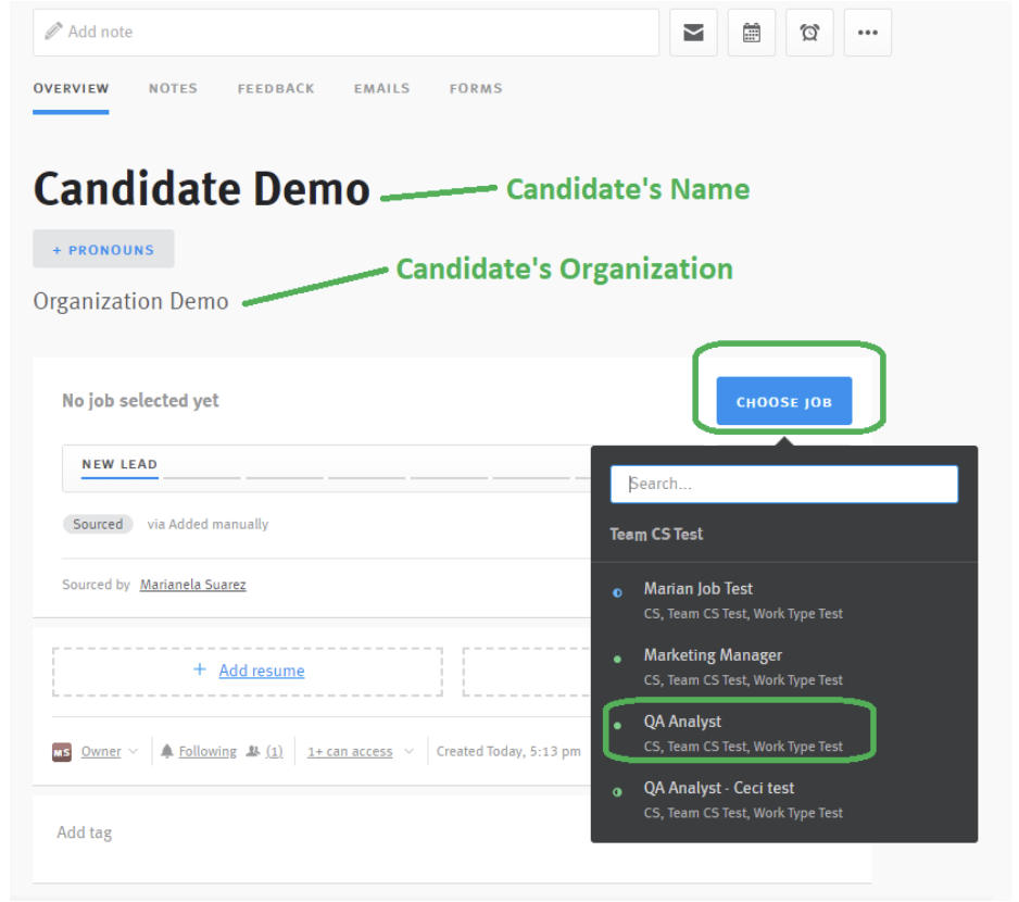 Candidate profile in Lever with name, organizationm, and job fields outlined