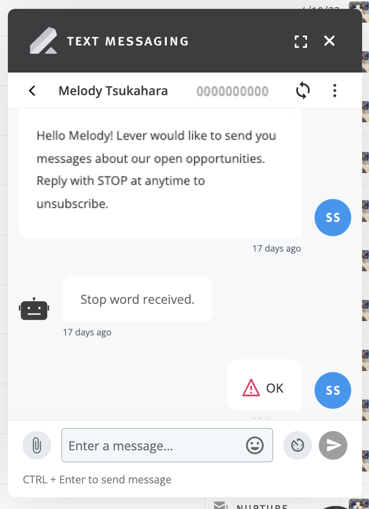 Text messaging widget showing conversation with stop word received notice and message with warning sign