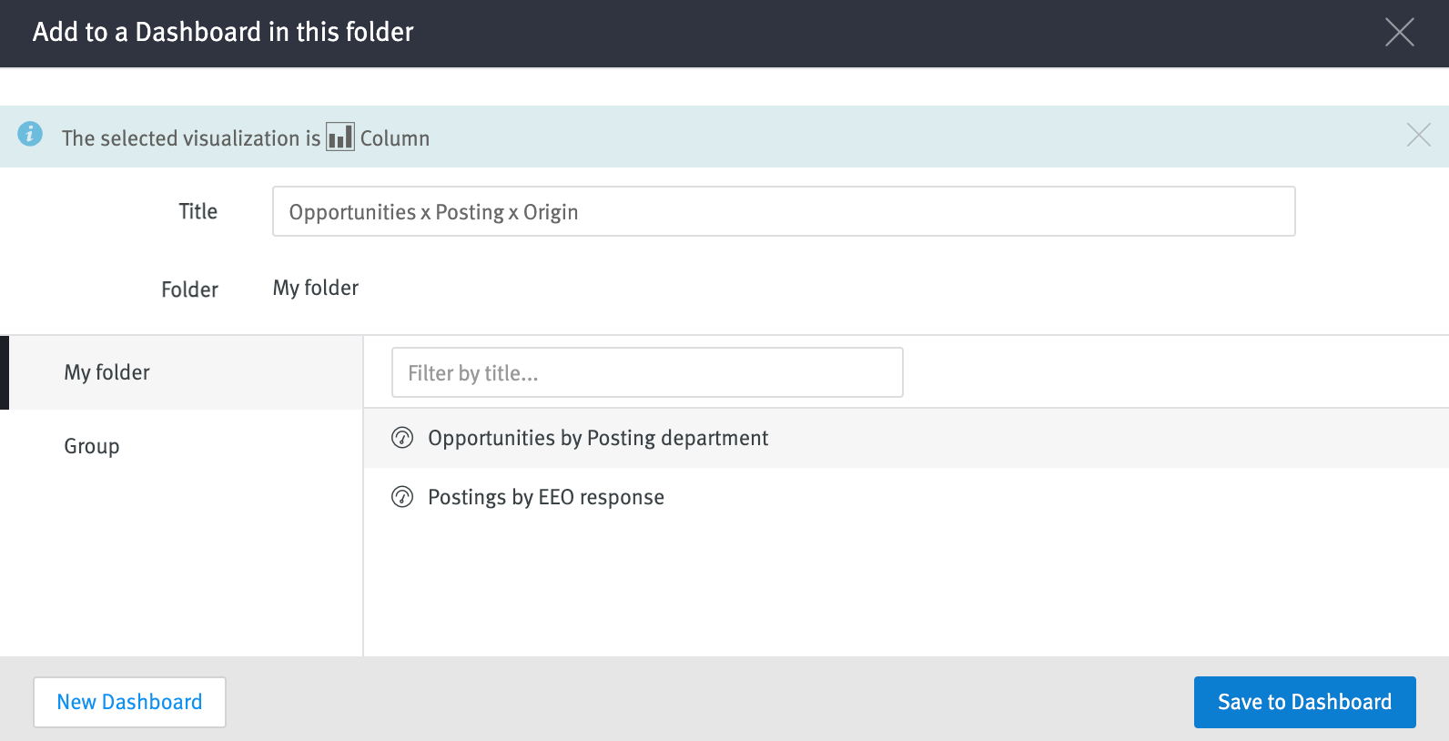 Add to a Dashboard in this folder modal with existing dashboard selected and title input for new chart.