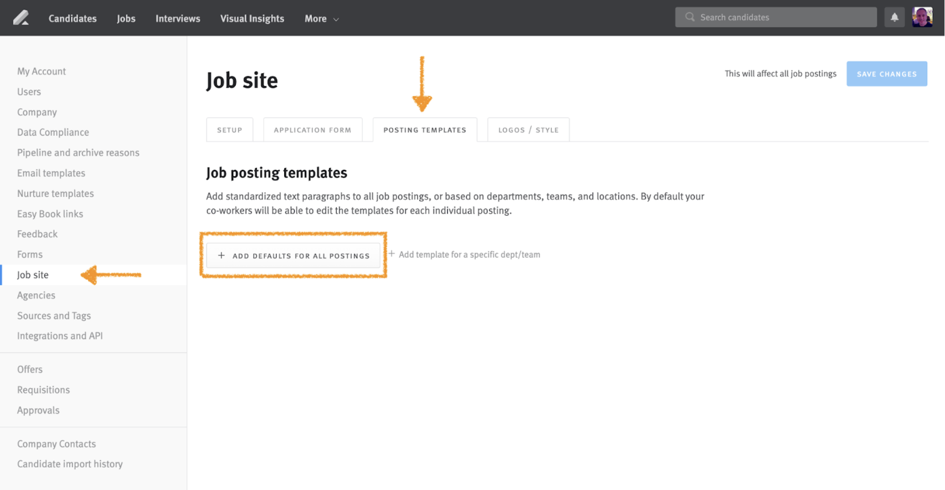Job site posting template page in Lever settings; arrow points to Job site in navigation menu and posting templates tab at the top of the settings page; the 'Add default for all postings' button is outlined