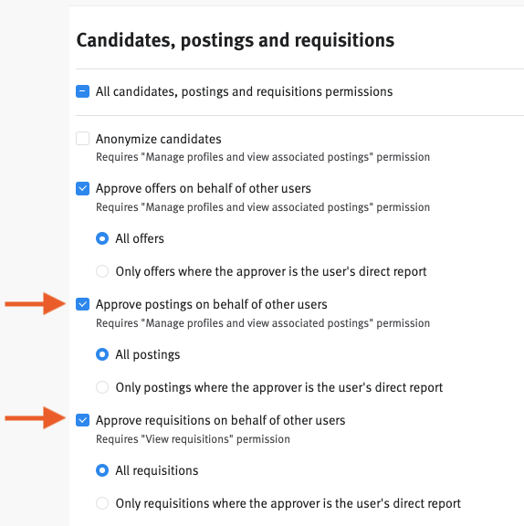 Lever candidates postings and requisitions settings with arrows pointing to Approve postings on behalf of other users and approve requisitions on behalf of other users.