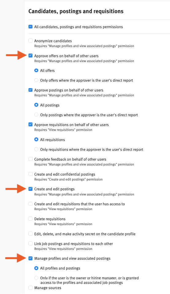 Lever candidates postings and requisitions settings with arrows pointing to Approve offers on behalf of other users, create and edit postings, and manage profiles and view associated postings.
