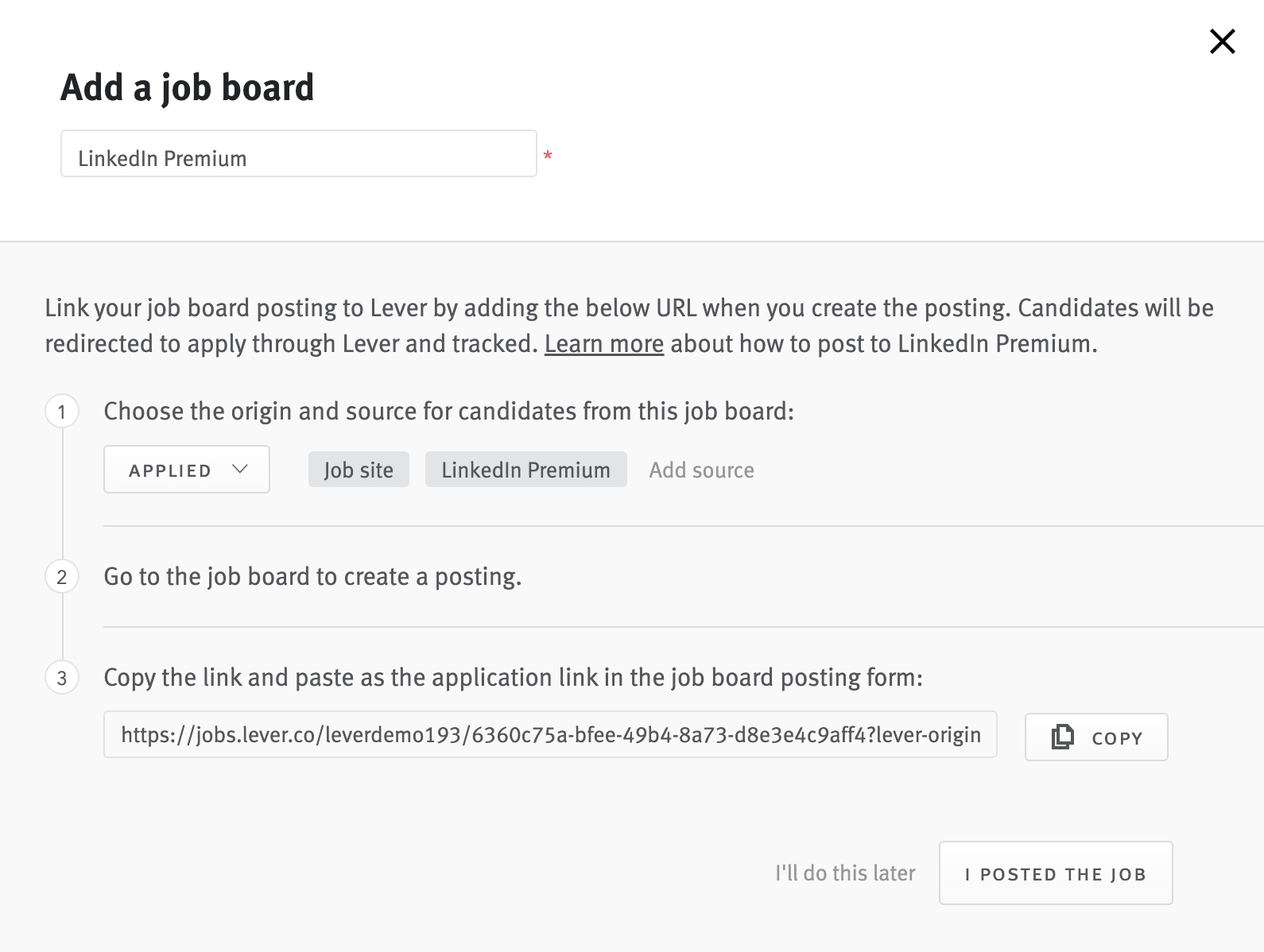 Add job board modal with LinkedIn Premium typed in job board menu