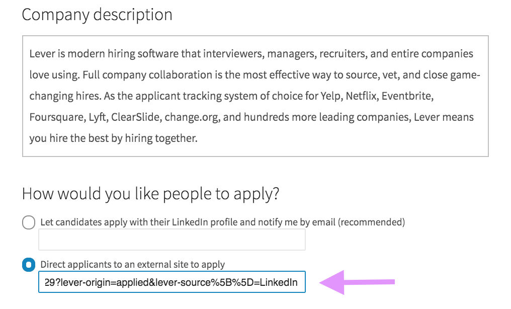 Job management configuration in LinkedIn Recruiter; URL from previous image is pasted in 'Direct applicants to an external site to apply' field.