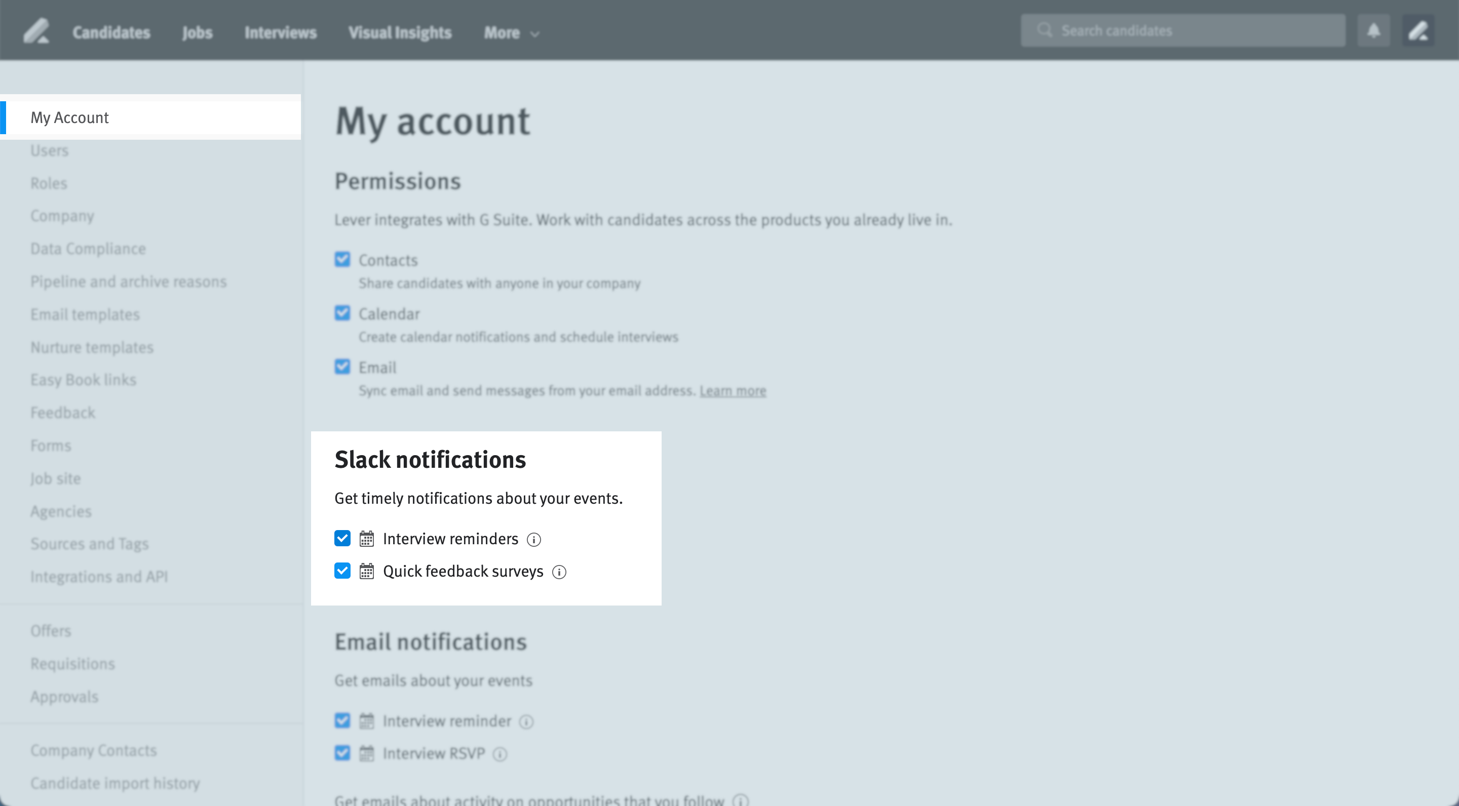 My account page in Lever Settings with Slack notification settings highlighted.