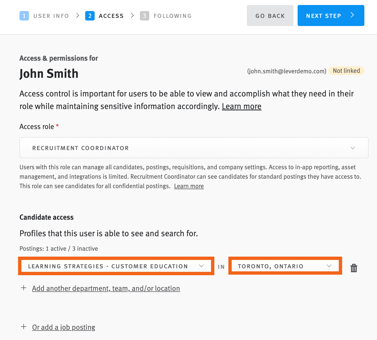 User profile editor open to Access tab and candidate access dropdown fields outlined.