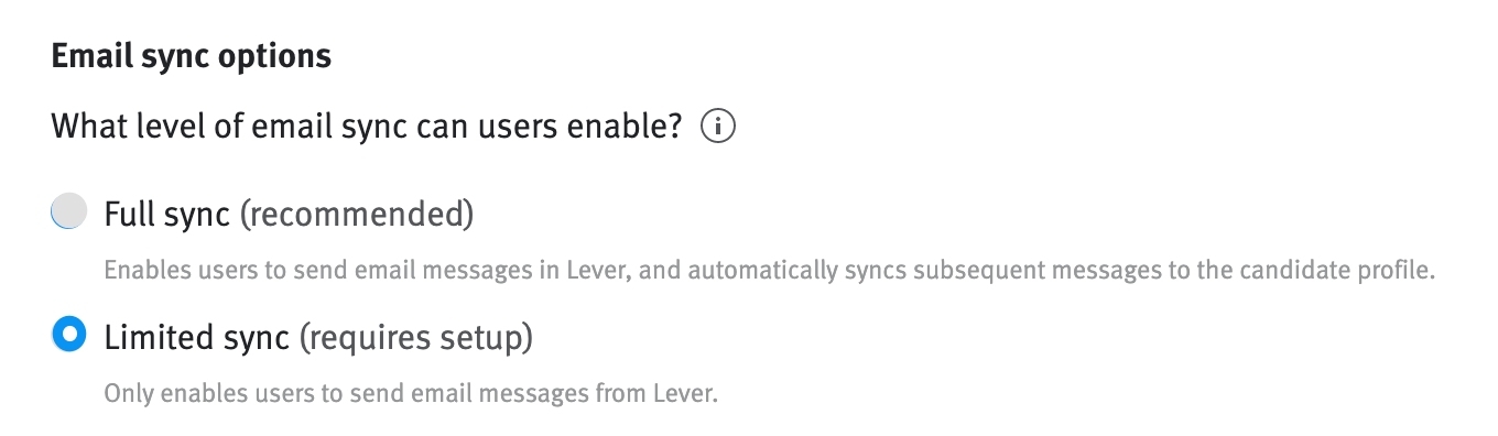 Email sync options in Company Settings; limited sync option selected