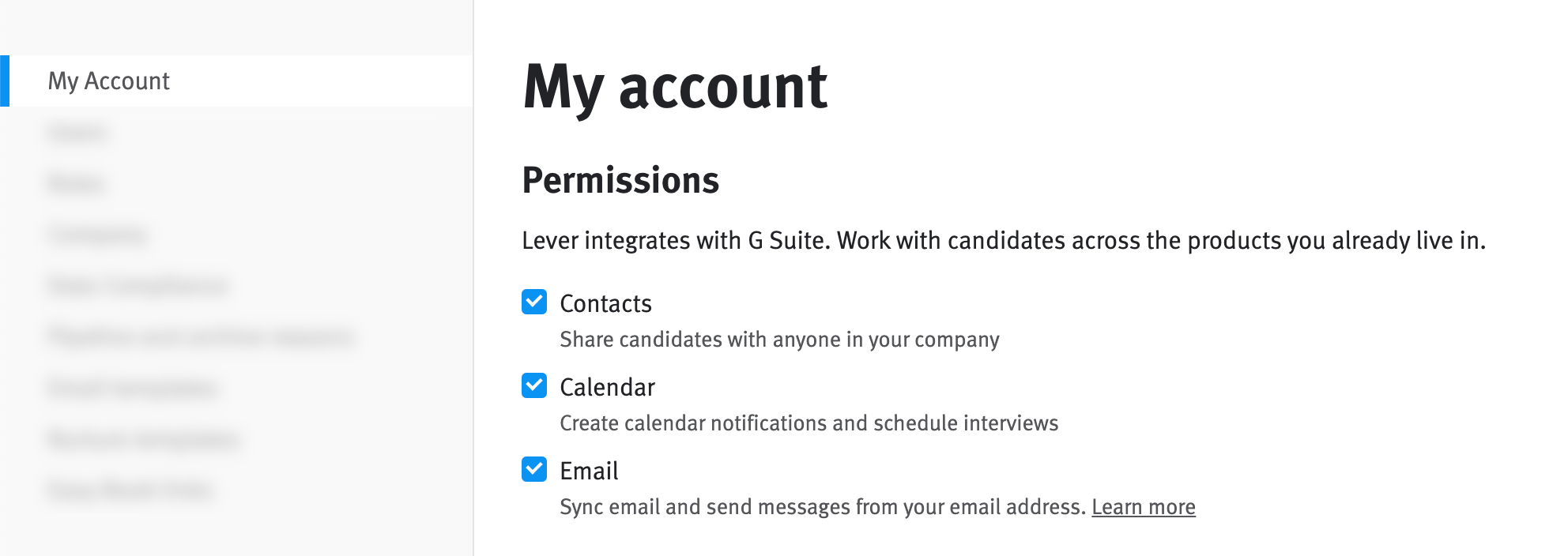 Contact, Calendar, and Email permission checkboxs in personal account settings.