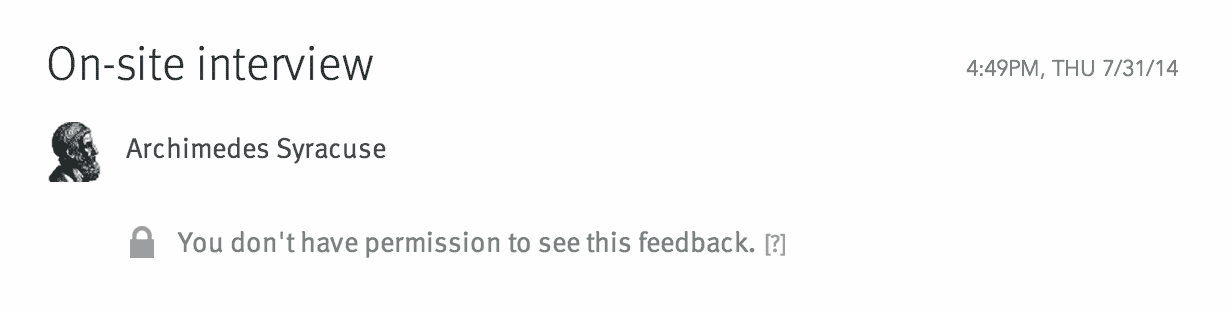 Hidden feedback on candidate profile; message reads 'You don't have permission to see this feedback'