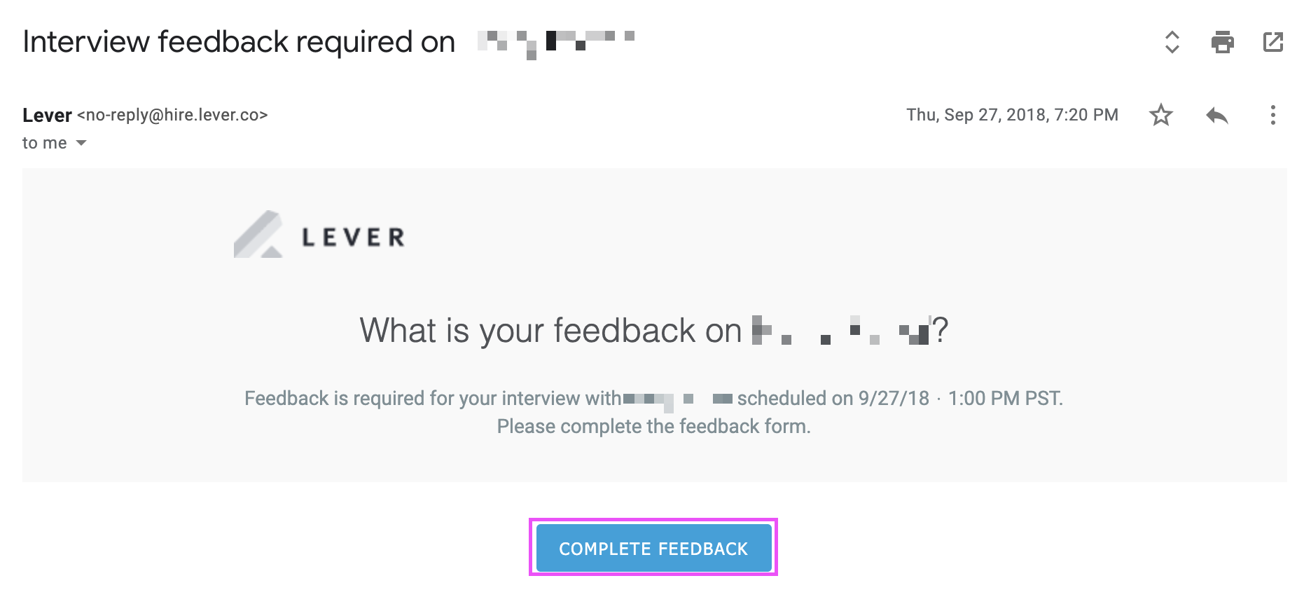 Complete feedback button outlined on interview reminder email.