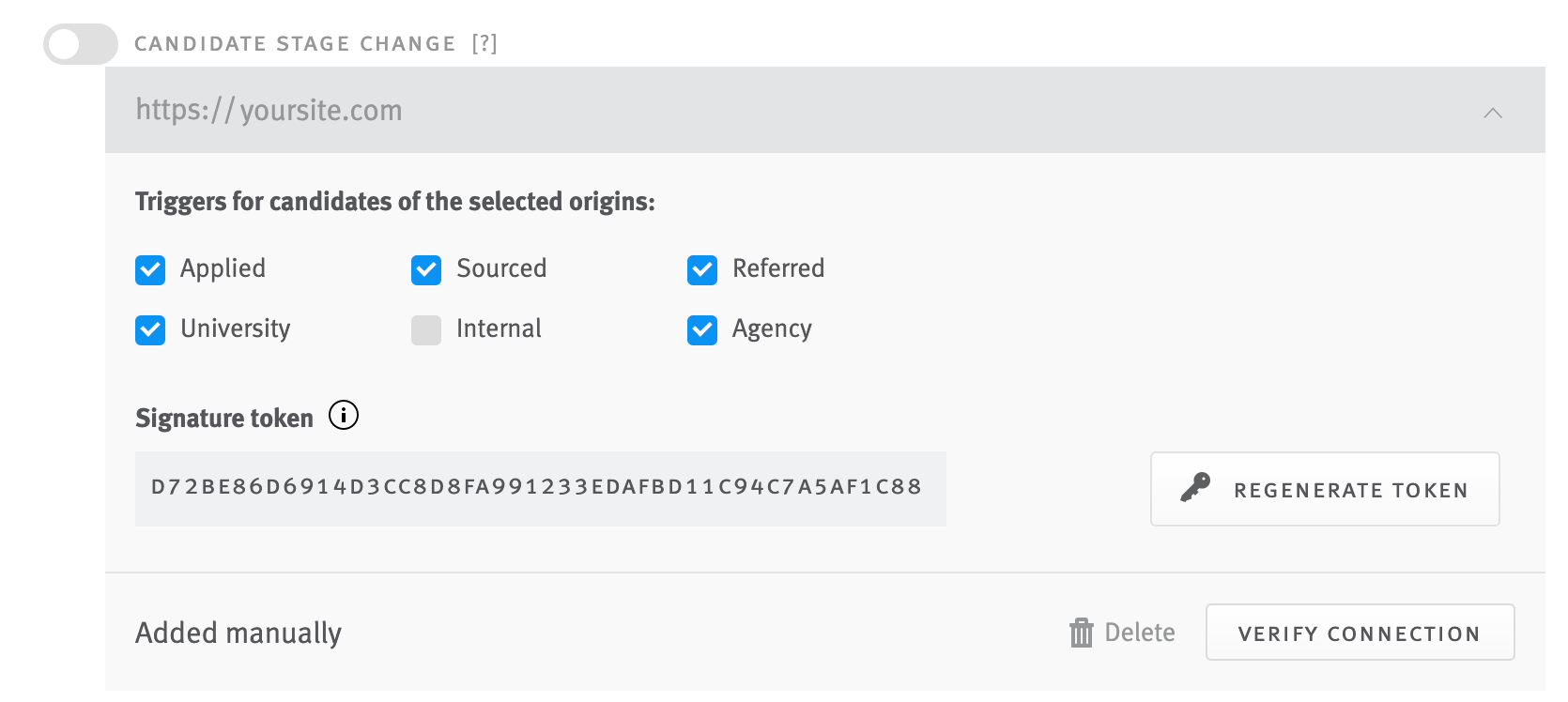 Candidate stage change webhook fields expanded; URL field is empty event toggle is inactive