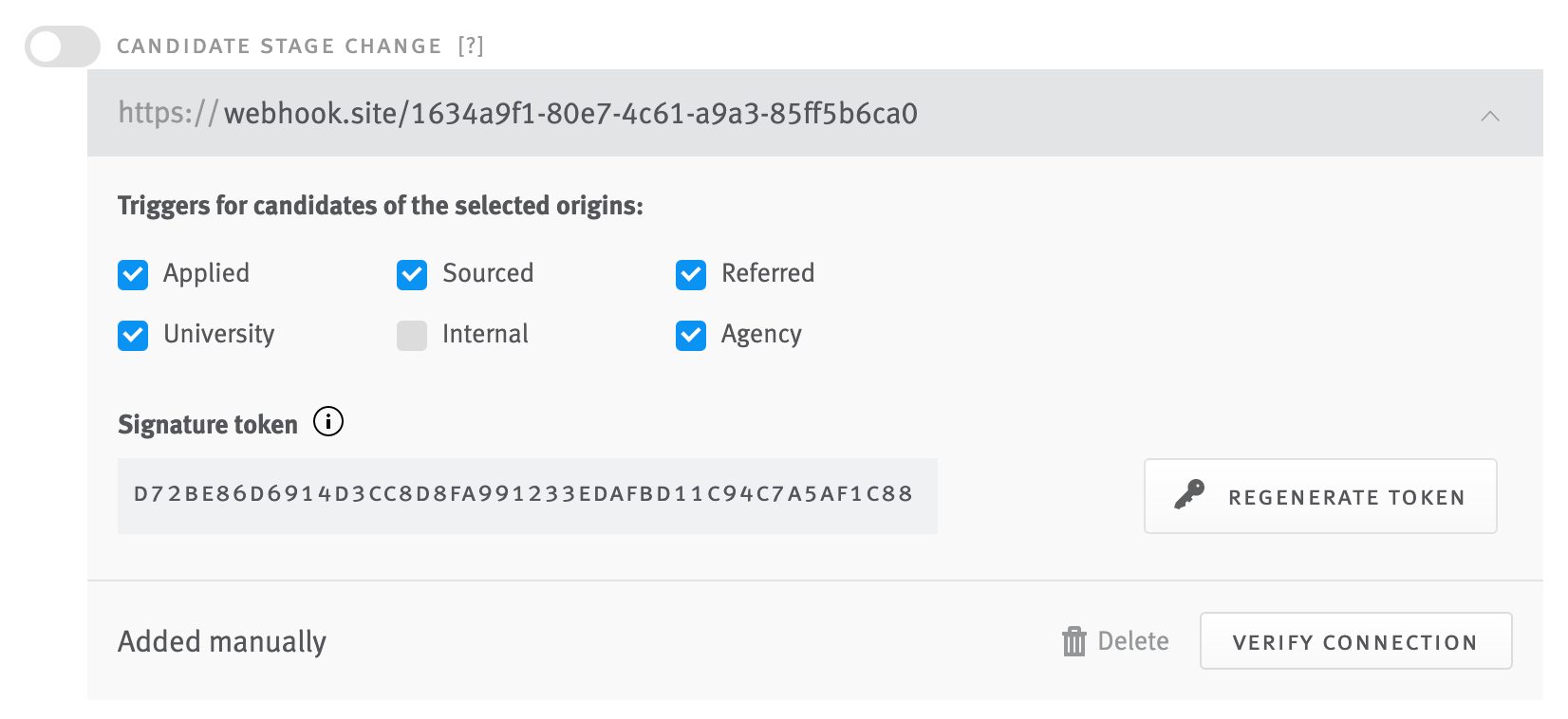 Candidate stage change webhook fields expanded; URL field is populated with webhook URL and event toggle is inactive
