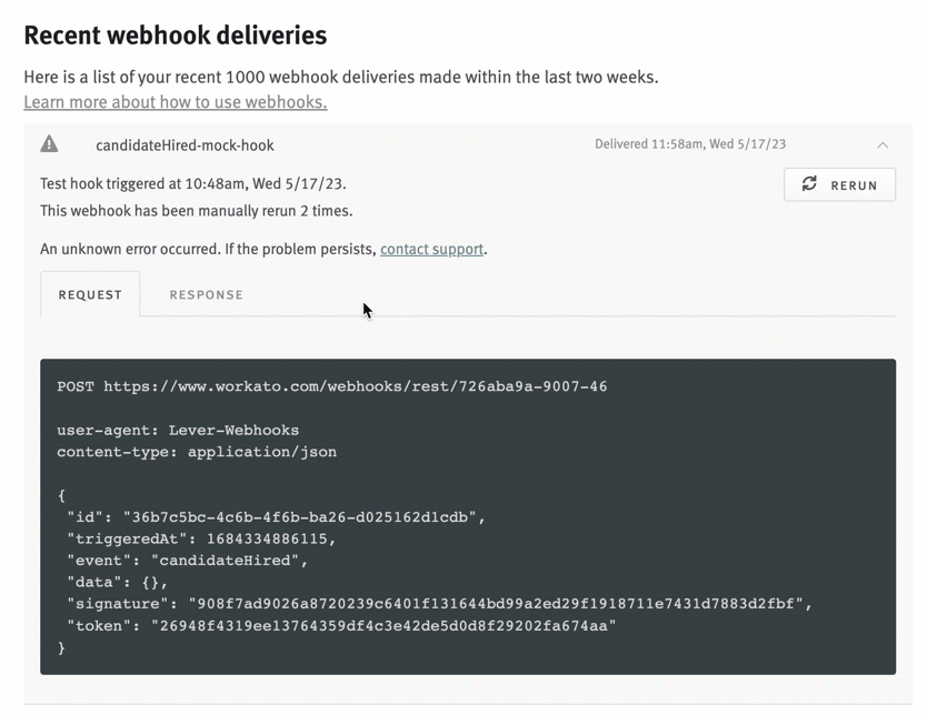 Live image of webhook delivery entry changing between Request and Response tab