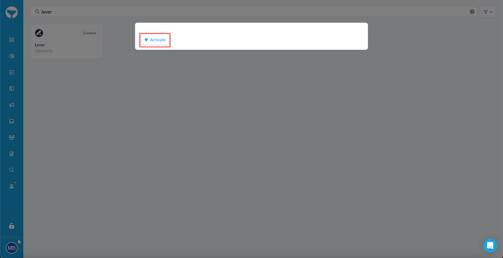 Activate button outlined after selecting Lever on SourceWhale integration page