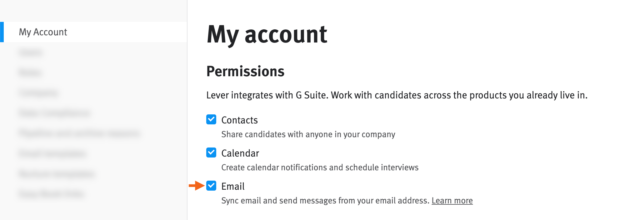 Permissions checkboxes on account settings page with arrow pointing to email permission checkbox.