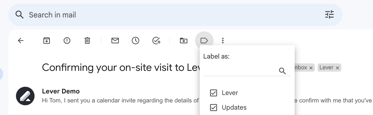 Label as menu extending above Lever-synced email in Gmail; Lever label checkbox is checked.