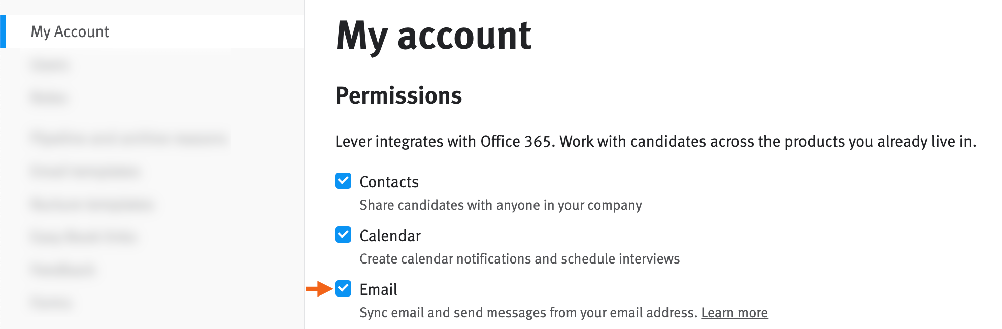 Permissions checkboxes on account settings page with arrow pointing to email permission checkbox.
