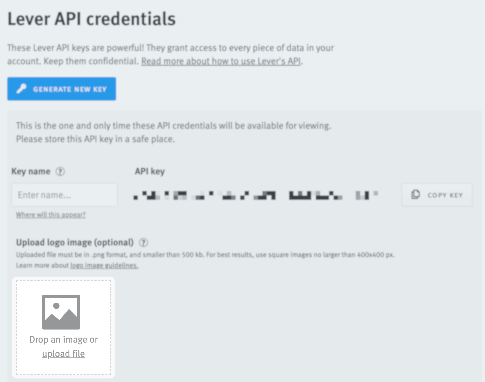 API key generation configuration; image upload field is highlighted