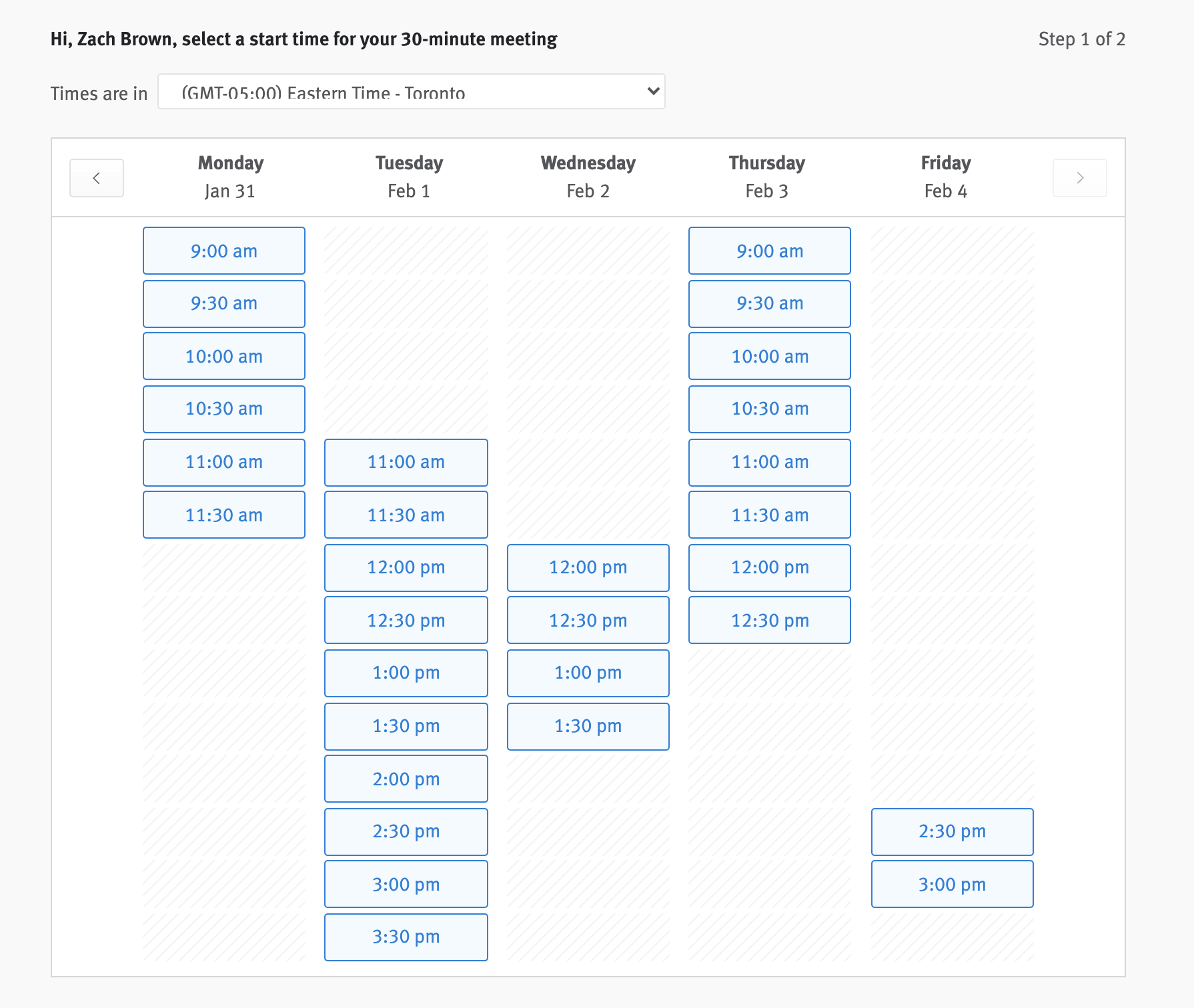 Candidate view of available times on an interviewer's calendar as shown via an Easy Book link