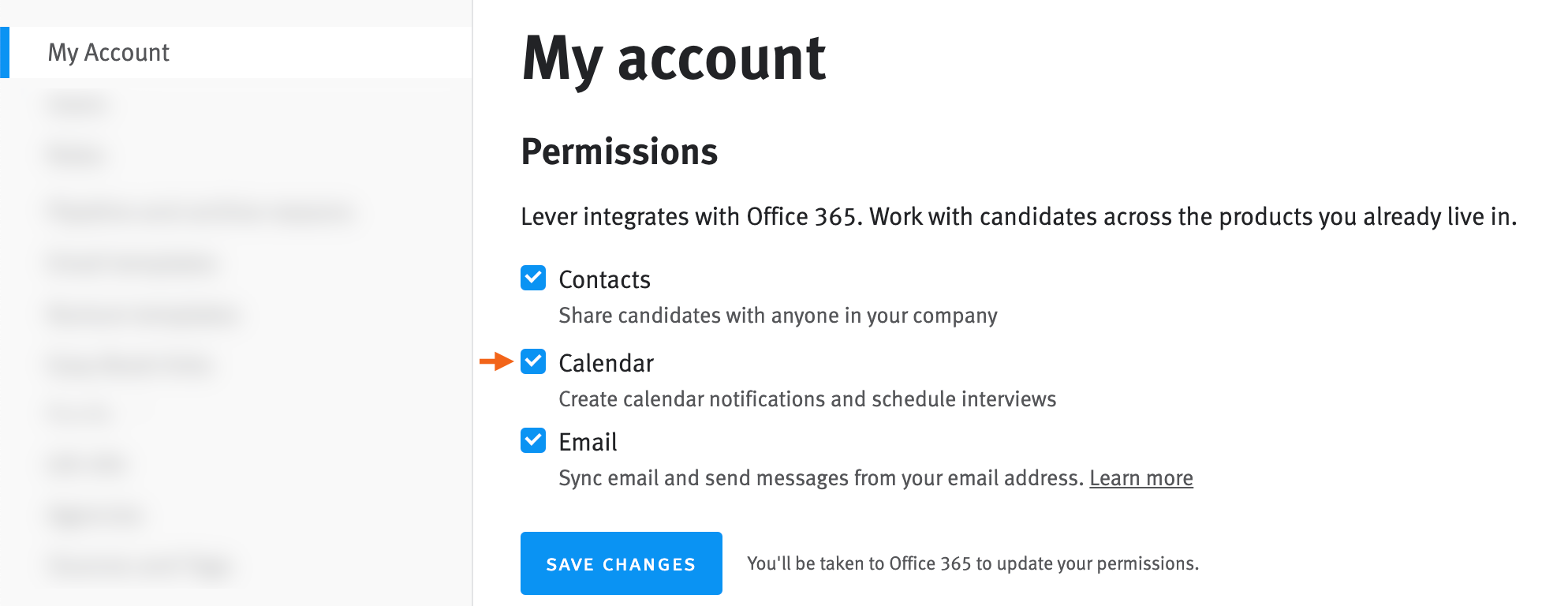 Permissions checkboxes in personal accoutn setttings; arrow pointing to Calendar checkbox.