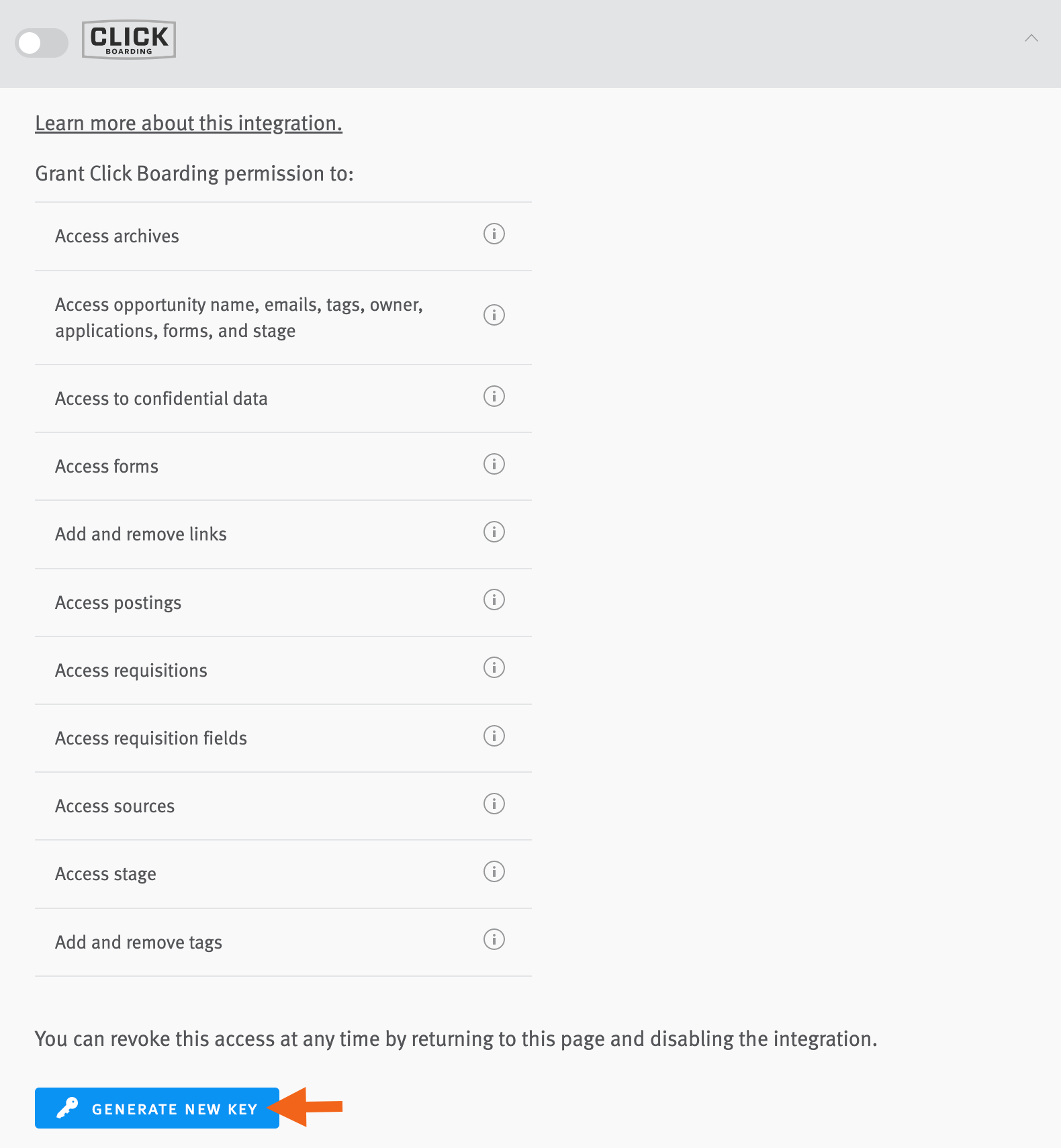 Lever integrations settings page with arrow pointing to generate new key button in the HRIS and onboarding section