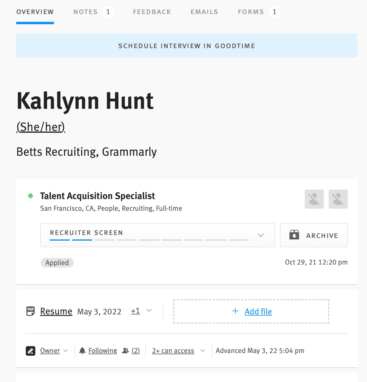 Candidate profile with schedule interview in goodtime confirmation button